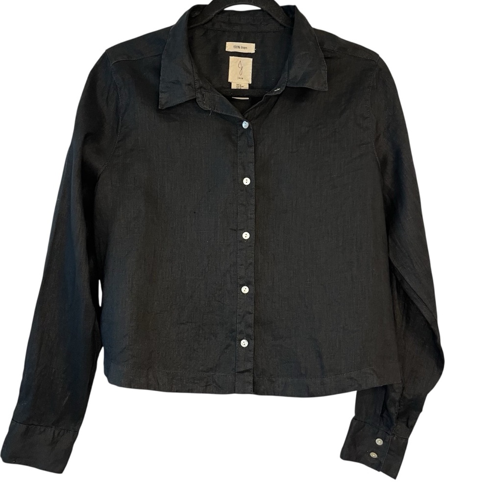 Joie Long Sleeved Linen Cropped Black Button-Up Shirt Vacation Resort Classic